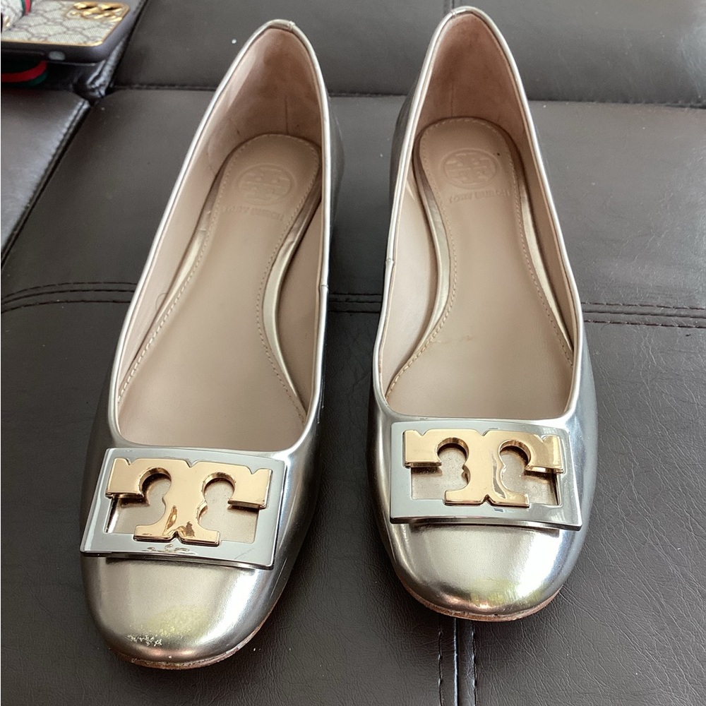 Tory Burch Silver Flats with Gold Logo